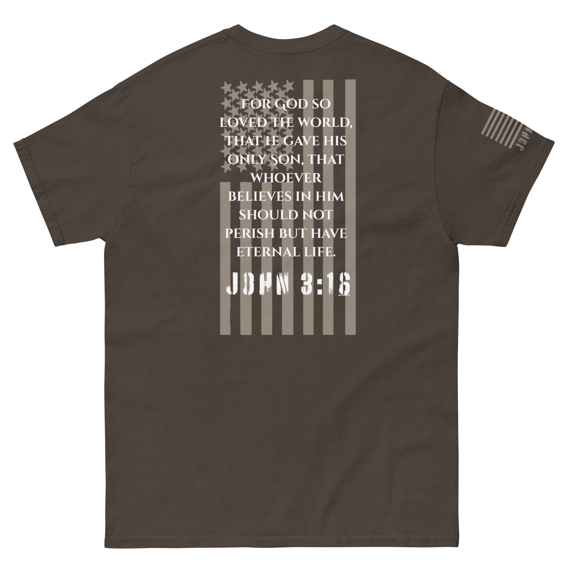 Faith Is EDC carry tee with American flag overlay and John 3:16 verse on back — patriotic design blending spiritual conviction and national pride.